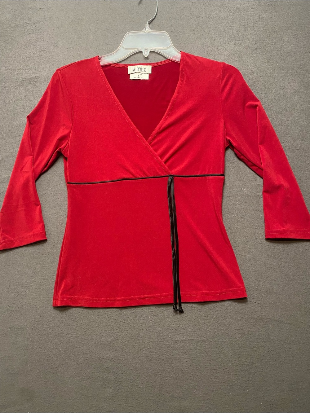 A. Byer Medium Bright Red Wrap-Front Blouse with Black Tie